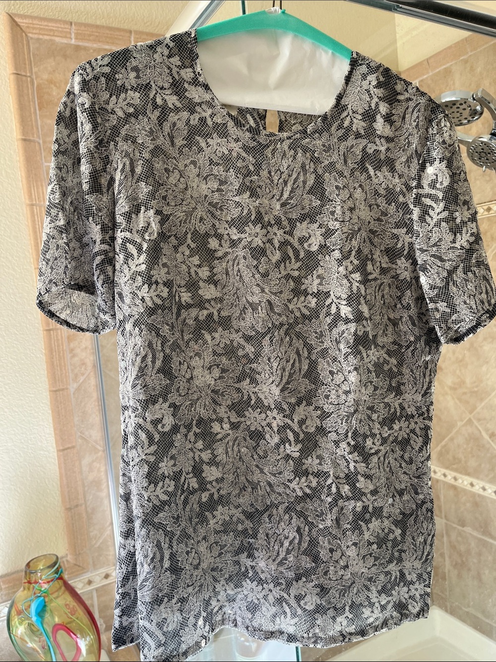 Escada Black and White Floral Short-Sleeve Blouse
